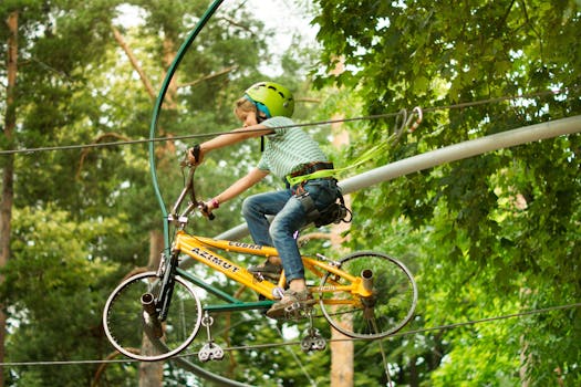 pexels-photo-11690089-11690089 A child wearing a helmet rides a bike on a zipline in an adventure park surrounded by trees.